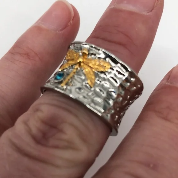 Dragonfly Ring Thumb Ring Silver Tone Hammered Look Unisex - Picture 10 of 13